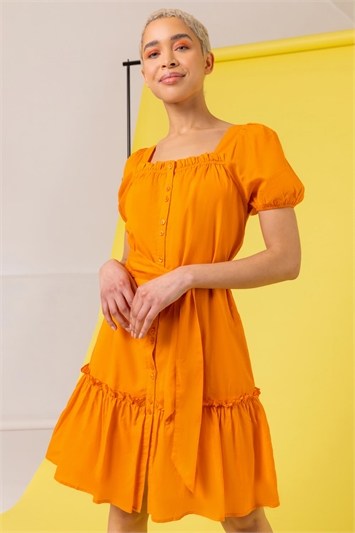 Orange Puff Sleeve Tiered Square Neck Dress