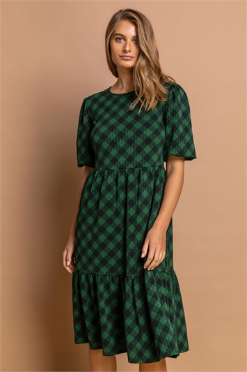 Green Tiered Check Print Midi Dress