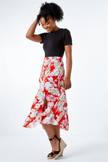 Red Petite Tropical Floral Midi Skirt