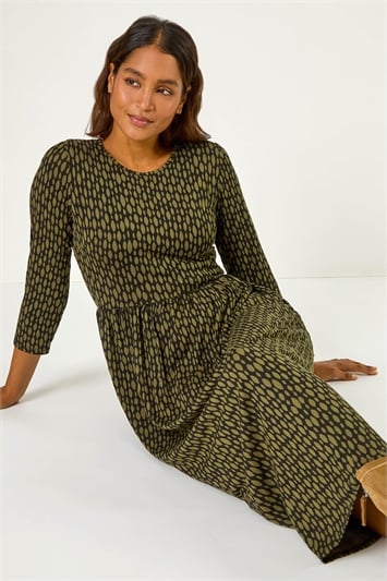 Brown Geometric Pocket Stretch Midi Dress