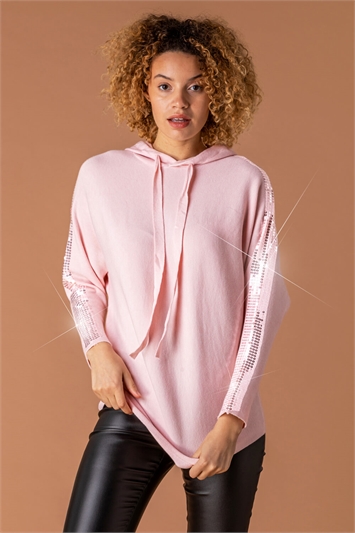 Pink Sequin Embellished Knitted Hoodie