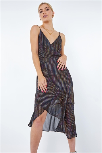 Black Metallic Stripe Frill Hem Midi Wrap Dress