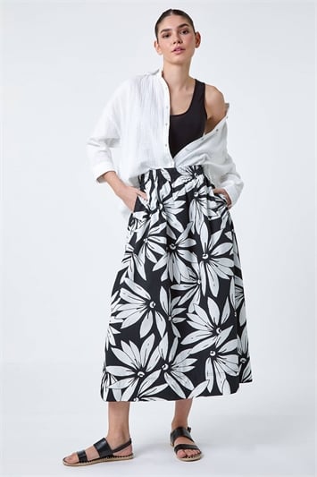 Black Floral Cotton Poplin A Line Pocket Skirt