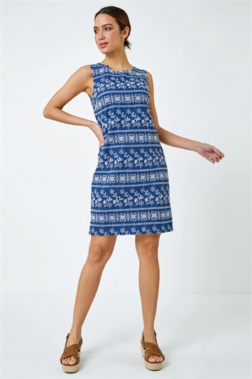 Blue Embroidered Cotton Shift Dress