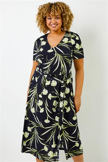 Navy Curve Floral Print Fit And Flare Midi Dress, Image 1 of 5