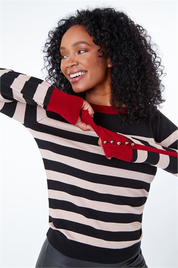 Red Petite Button Detail Striped Jumper
