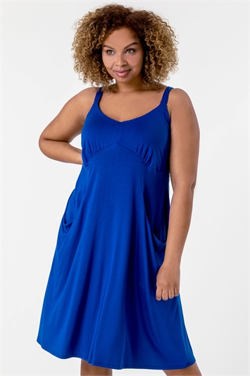 Royal Blue Curve Strappy Pocket Sun Dress, Image 3 of 5