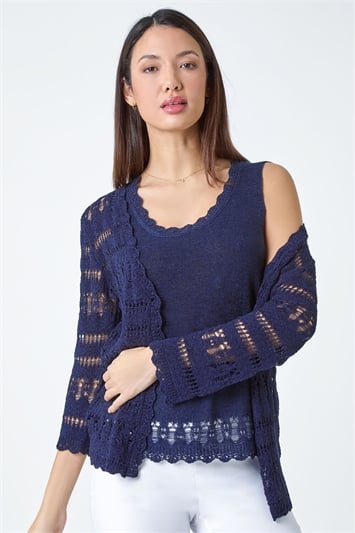 Blue Crochet Single Button V-Neck Cardigan