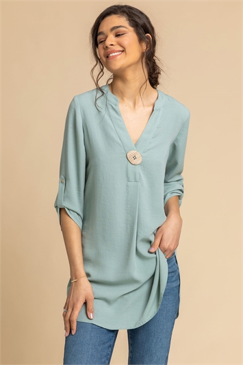 Sage Longline Button Detail Tunic Top, Image 1 of 4