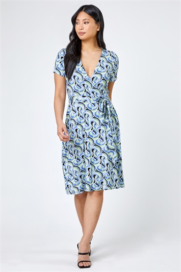Blue Petite Swirl Print Jersey Wrap Dress, Image 3 of 5