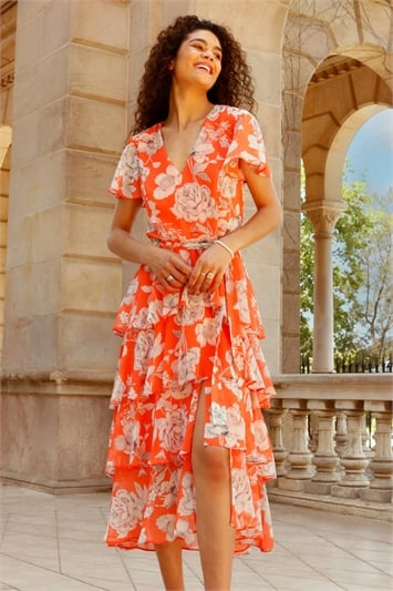 Orange Floral Print Tiered Midi Dress