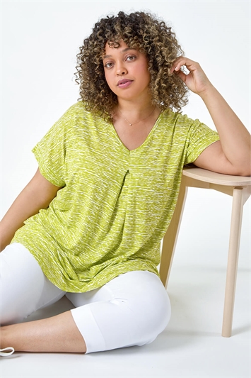 Green Curve Pleat Front Printed Stretch Top