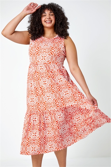 Orange Curve Sleeveless Aztec Midi Stretch Dress