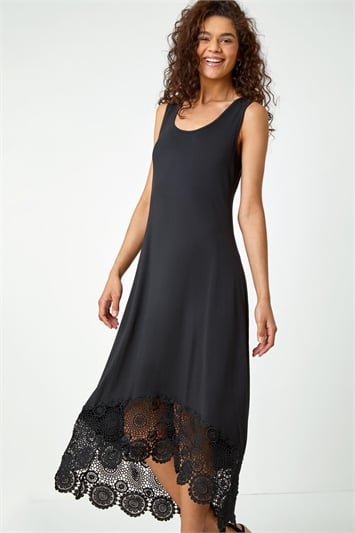 Black Crochet Hem Stretch Midi Dress