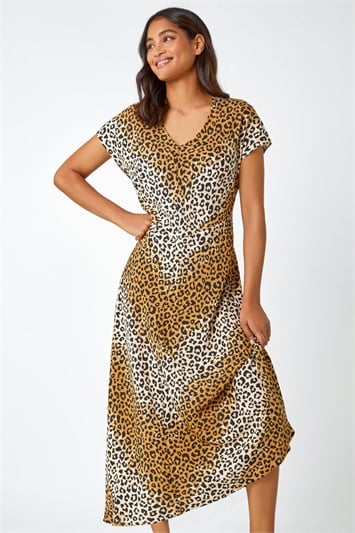 Cream Leopard Print Bias Cut Midi Dress