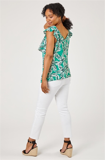 Green Petite Floral Print Frill Detail Top, Image 2 of 5