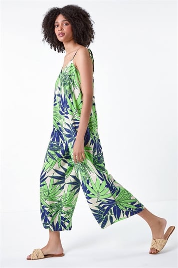 Green Tropical Leaf Cropped Jumpsuit