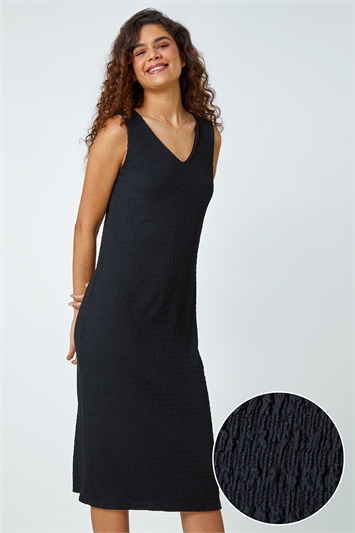 Black Textured Stretch Jersey Midi Dress