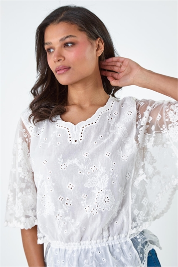 White Cotton Broderie Frill Top