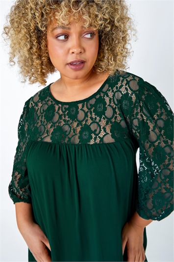 Green Curve Lace Detail Stretch Top