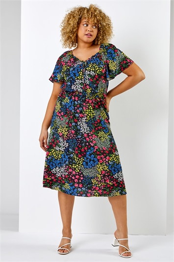 Black Curve Ditsy Floral Print Sweetheart Midi Dress, Image 4 of 7