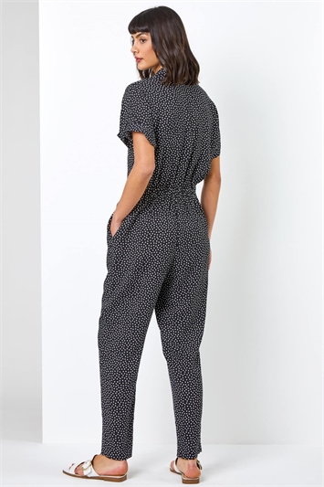 Black Spot Print Collared Jumpsuit, Image 3 of 5