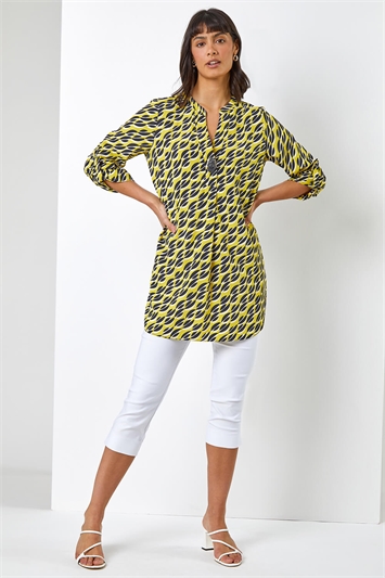Lime Geo Print Longline Button Detail Top, Image 3 of 5