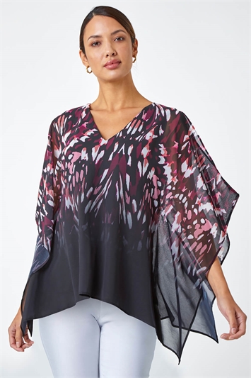 Red Abstract Print Chiffon Overlay V-Neck Top