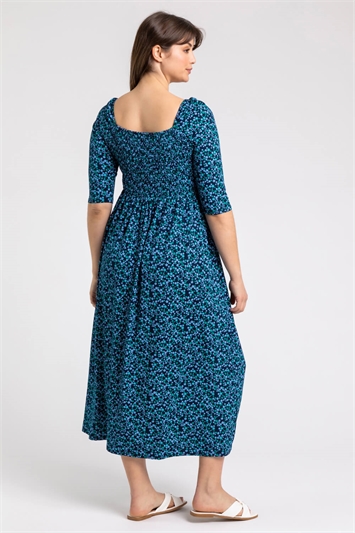Blue Curve Ditsy Floral Shirred Midi Dress, Image 2 of 5