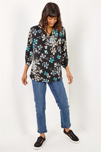 Teal Floral Print Notch Neck Stretch Shirt, Image 3 of 5
