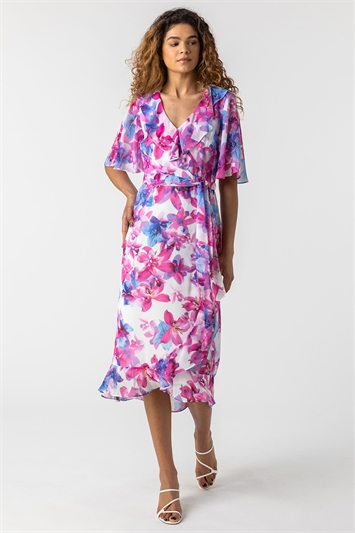 Pink Floral Print Frill Wrap Dress, Image 5 of 5