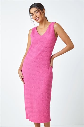 Pink Sleeveless Textured Midi Stretch Dress