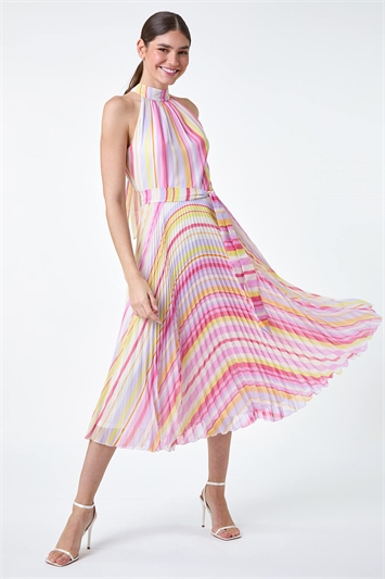 Multi Stripe Print Pleated Midi Dress