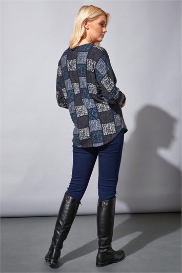 Navy Abstract Square Print Zip Top, Image 3 of 4