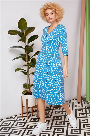 Blue Floral Print Midi Length Tea Dress