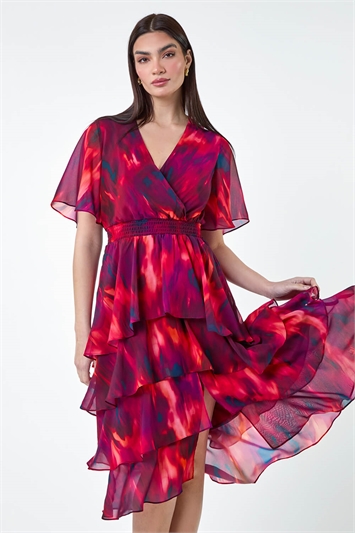 Red Abstract Print Chiffon Tiered Midi Dress