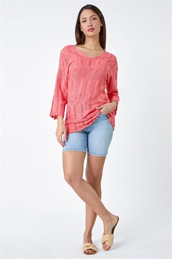 Pink Open Knit Cotton Blend Tunic Top