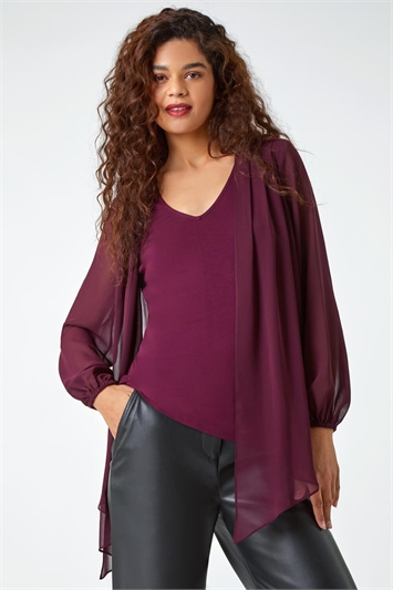 Red Contrast Chiffon Overlay Stretch Top