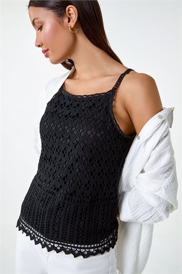 Black Cotton Crochet Halter Neck Vest Top