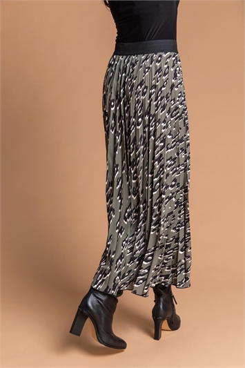 Khaki Animal Print Pleated Maxi Skirt, Image 3 of 5