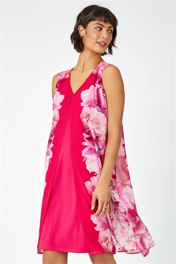 Pink Sleeveless Floral Chiffon Overlay Dress