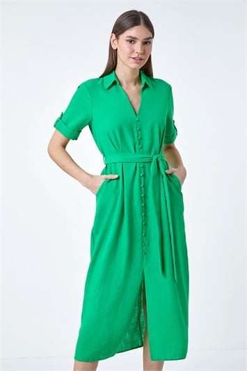 Green Textured Belted Midi Shirt Dress