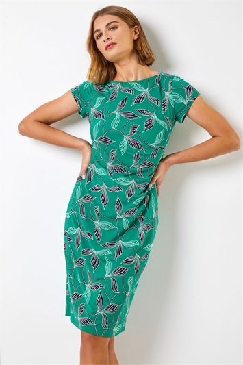 Green Leaf Print Stretch Ruched Dress