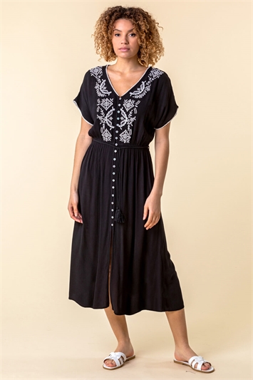Black Embroidered Button Through Midi Dress, Image 3 of 5