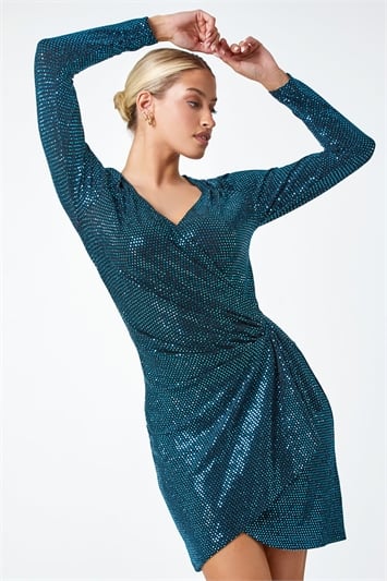 Blue Sparkle Embellished Ruched Wrap Dress
