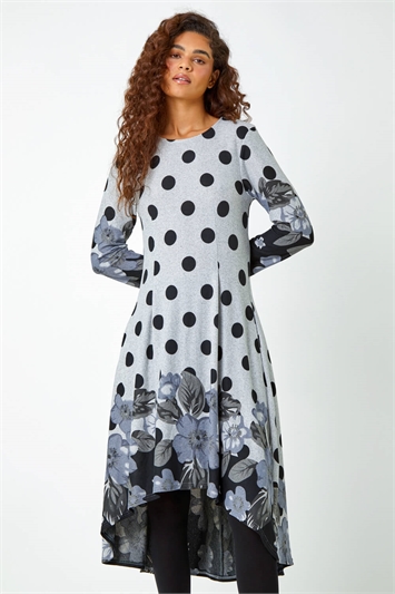 Grey Floral Spot Border Print Stretch Dress