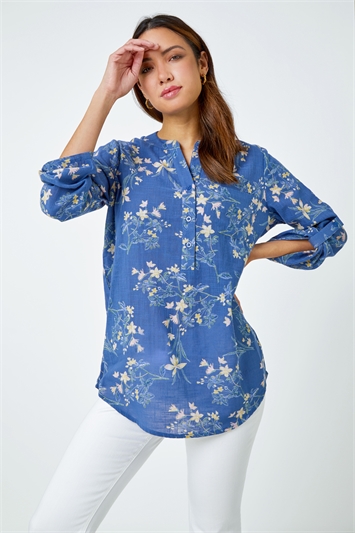 Blue Cotton Floral Print V-Neck Overshirt