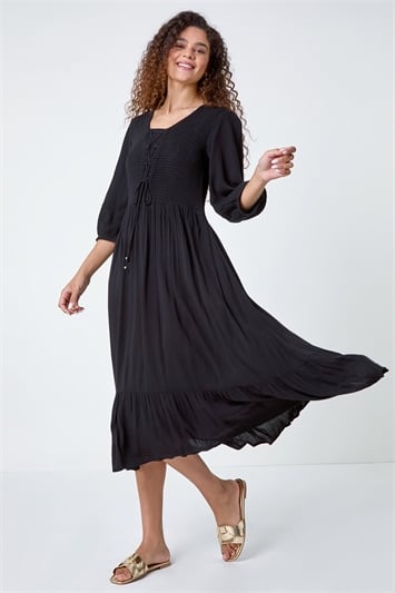 Black Lace Up Shirred Midi Dress