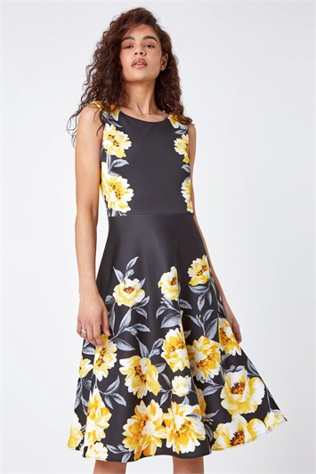 Black Floral Print Premium Stretch Dress