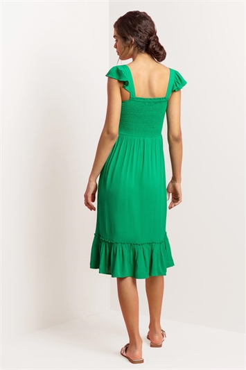 Green Shirred Bodice Frill Detail Midi Dress, Image 2 of 4